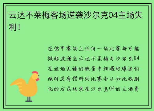 云达不莱梅客场逆袭沙尔克04主场失利！
